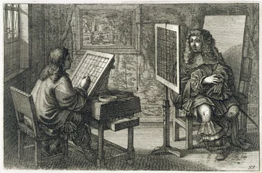 Artista che dipinge un ritratto su una griglia per proporzioni accurate, stampato a Parigi 1737